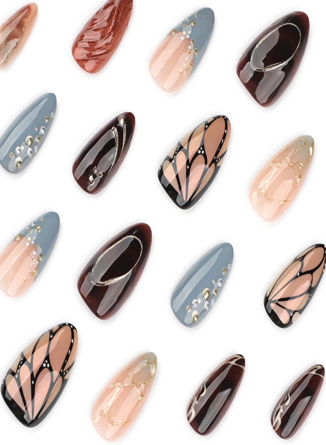 CTTHNBD Press on Nails Almond - Medium Fake Nails with Gold Line Rhinestone Design - Winter False Nails Press Ons - for Women Manicure 24 Pcs - Image 2